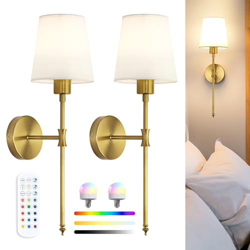 Applique da Parete Senza Fili Set 2 con Lampadina Ricaricabile RGB, Luce d’Atmosfera per una Casa Accogliente, Installazione Wireless o alla Rete, Paralume in Tessuto, Telecomando, Oro