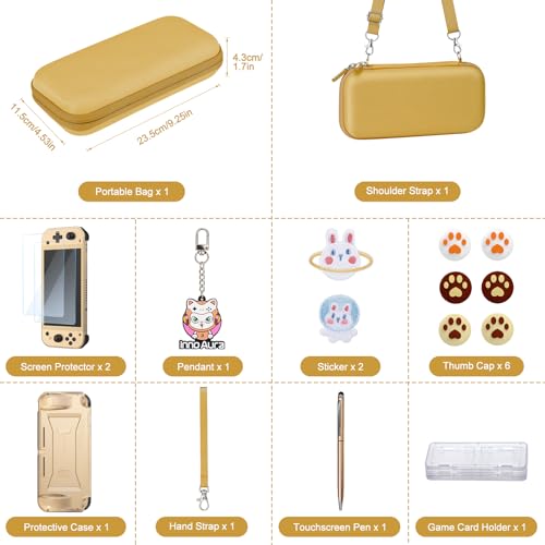Image of innoAura Switch Lite Case 18-in-1 Accessories Bundle for NS Switch Lite (2019), with Protective Carrying Case, Game Holder, Screen Protector & Cute Thumb Grips, Golden
