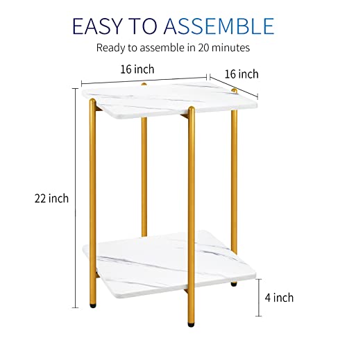 Urraca White Marble Top Side Table For Living Room, Bedroom Or Small Spaces, Gold End Table With Storage Shelf, Square Nightstand With Metal Frame, Easy To Assemble #TOP1