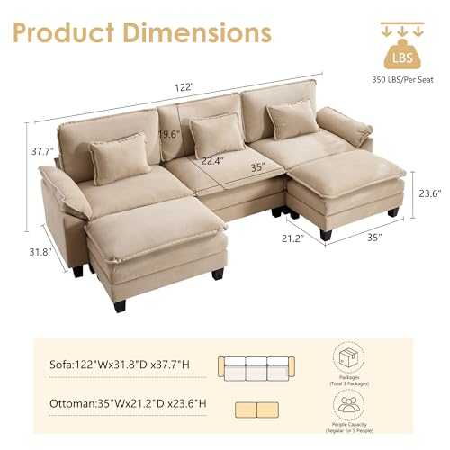 Image of URRED Oversized Modular Sectional Sofa,Solid Khaki:122 inch U Shaped
