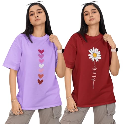 Image of Reifica Women 100% Pure Cotton Drop Shoulder Loose Fit Oversized T Shirts (Combo Pack of 2)