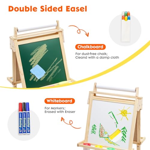 Kinder Staffelei 3 in 1 Holz Kunst Staffelei Höhenverstellbar Standtafel Maltafel Stehend mit Papierrolle Doppelseitige Kreidetafel und Whiteboard Ablagefach Buchstaben Zahlen und Anderes Zubehör