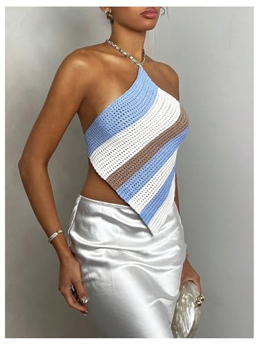 MakeMeChic Women's Crochet Striped Halter Tops Open Back Sleeveless Knit Sweater2