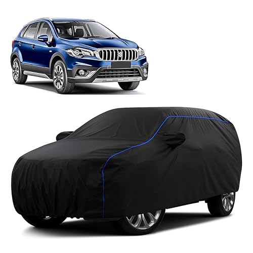 Image of Sulfar 100% Water Resistant Car Body Cover Compatible with Mirror for Maruti Suzuki SCross (Triple Stitched, Full Bottom Elastic, Black Tafetta with Blue Piping)