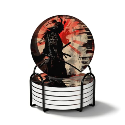 Image of Japanese Samurai Red Sun Coasters Set of 6 Round Drink Coasters with Holder