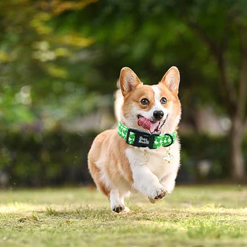 Image of Spring Summer Green Goose Print Dog Collar for Medium Dogs | Daily Walking,Farm Trips,Garden Picnic,Adjustable,Soft Cotton Fabric,Quick Release Plastic Buckle,Pendant,Female /Male Dog