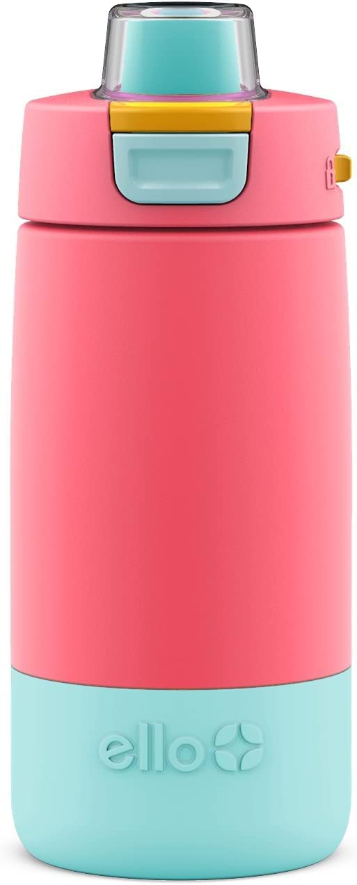 Ello Kids Colby 12oz Stainless Steel Insulated Water Bottle with Straw and Built-In Silicone Coaster Carrying Handle and Leak-Proof Locking Lid for School Backpack, Lunchbox, and Outdoor Sports, Coral