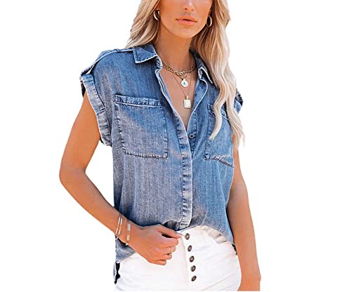 chouyatou Women's Casual Distressed Button Down Sleeveless Denim Jean Shirt Tops