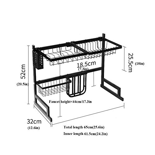 Geschirrtrockner über Waschbecken, Edelstahl Abtropffläche Regal Zähler Lagerung Organizer Mit Utensilienhalter Geschirrkorb Küche Schwarz 65cm