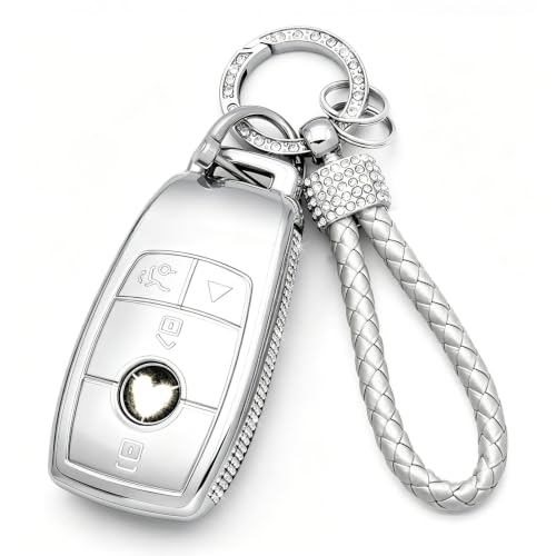 Image of Creativity for Mercedes Benz key cover and keychian (Grey Combination) | TPU key Case with Rhinestones is compatible with CLS CLA GLA AMG A C E S G GLC GLE GLS M smart remote key