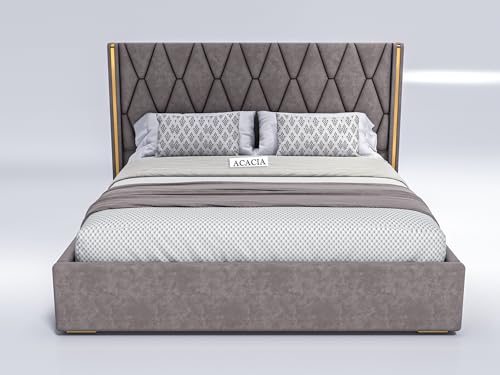 Image of Acacia Modern King Size Upholstered Bed with Box Storage for Bedroom | Wooden Double Bed with Storage | Platform Cot Bed with Upholstery Premium Fabric | 6.5 x 6 Ft | Sheesham Solid Wood | Brown Dust