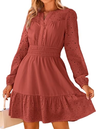 Simplee Womens Eyelet Long Sleeve Mini Dress 2025 Fall Boho Embroidery V Neck A Line Casual Short Party Dresses