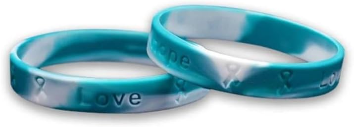 Small Teal & White Ribbon Silicone Bracelets – Awareness & Fundraiser Gift