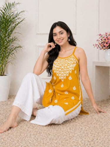 Image of Women's Chikankari Rayon Top Sleeveless Strappy Kurti | Embroidered A-Line Tunic for Women | Summer Ethnic Casual Wear Top with Spaghetti Straps