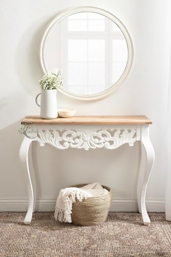 Image of Wooden Carved Console Table in Solid Mango Wood with Antique White Distress Finish for Livingroom, Hall, Enterway, Office Size 30 * 36 * 15 Inch (Distress)