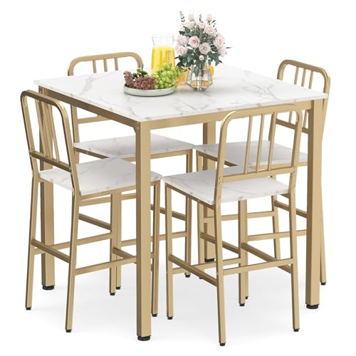 COSTWAY Ensemble Table et 4 Chaises, Table Haute Cuisine 90 x 90 cm, 4 Tabouret Bar avec Dossiers, Cadre en Métal, Mange Debout pour 4 Personnes, Style...