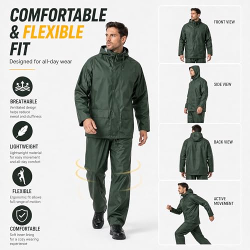 Image of Rain Suit For Men & Women Waterproof Heavy Duty Rain Gear Reflective Jacket for Fishing Outdoor Work Raincoats