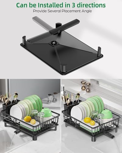 Image of HomeCloud Stainless Steel Dish Drying Rack for Kitchen Counter with Feet, 38 x 28 x 15 cm, Anti-Rust Dish Drainer with Smart Drainage Tray & Cutlery Holder (Black)