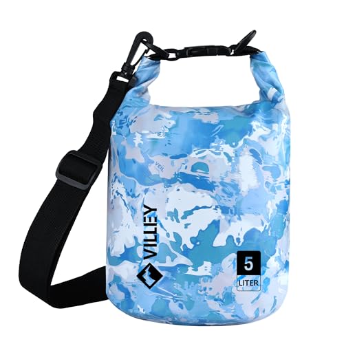 Image of VILLEY Dry Bag Waterproof 5L Roll Top Storage Backpack, Keeps Gear Dry Lightweight Backpack for Kayaking Boating Camping Swimming and Beach Accessories Blue Camo