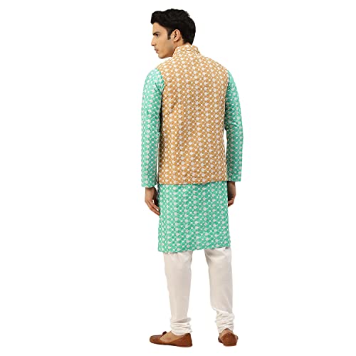 Image of SOJANYA (Since 1958 Men's Silk Blend Light Green Kurta & Nehrujacket with White Pyjama Combo