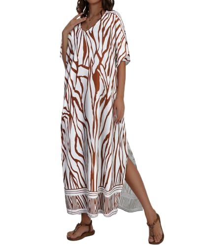Image of Kaftan Dresses for Women V Neck Caftan Batwing Sleeve Swimsuit Cover Up | JILUVIN Plus Size Beach Swimwear Dress, Loose Fit Maxi Print Moomoo, Casual Mumu Nightgown Mrs Roper Costumes Vocation 2026