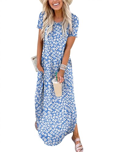 ANRABESS Womens Summer Maxi Dress Short Sleeve Casual Loose Long T Shirt Dresses Split Vacation Beach Sundress Travel Outfits Floral Print Small