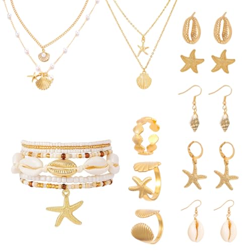 AOWVUTS Parure Bijoux Femme Plaquée Or avec Colliers Perle, Coquillages, Boucles d'Oreille Étoile de mer, Bracelets, Anneaux et Bracelets de cheville - Style...