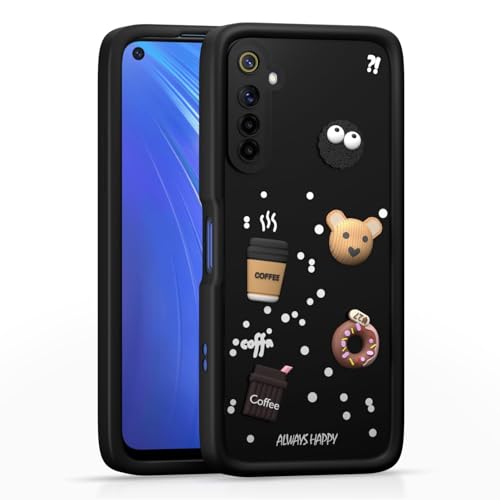 Image of Bintage Cute Fun Ball | Taddy Cartoon 3D Smiley Coffee Cup | Milk Donut | Full Camera Protection Back Cover Compatible for Realme RMX2002 / Realme 6i - Black