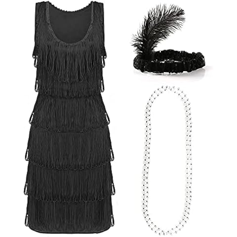 Black Deluxe Flapper Dress - Large - Ladies Deluxe Black Flapper Costume with Matching Sequin Headband, and Silver Pearl Necklace - 1920's Party Dress Cover