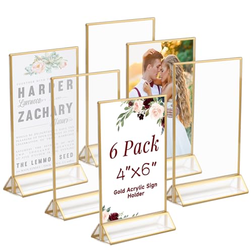 Ayuanb 4x6 Inch Acrylic Sign Holder with Gold Borders, 6 Pack Gold Picture Frames for Wedding, Double Sided Table Number Holders Menu Holders, Acrylic Stands for Display, Restaurant Signs