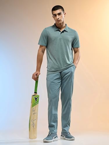 Image of TECHNOSPORT Men Polyester Self Design Polo Neck Half Sleeve T-Shirt with UPF50+, Double Cool for Gym, Sports and Regular Use