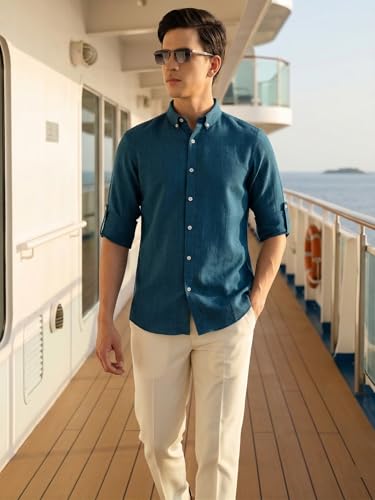 Image of Thomas Scott Men's | Solid | Textured Fabric | Full Sleeve | Slim Fit | Polyester-Blend | Spread Collar | Casual Shirt