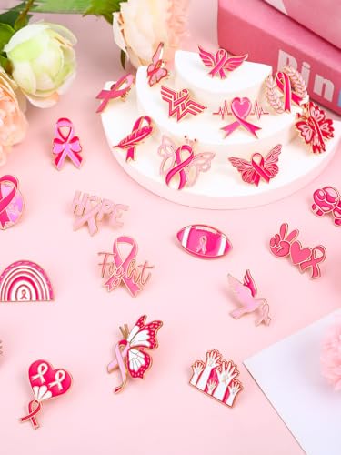 Image of JUNEBRUSHS 28pcs Breast Cancer Awareness Enamel Pins Pink Ribbon Butterfly Lapel Pins for Breast Cancer Awareness Party Survivor Charity Event Favors Women Girls Clothes Decor Accessories