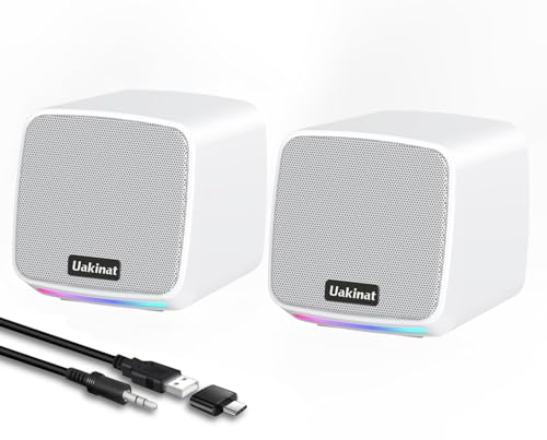 Uakinat Computer Speakers for Desktop PC USB Powered 3.5mm Aux Speaker for PC Laptop Tablet Phone Plug and Play with Volume Control White