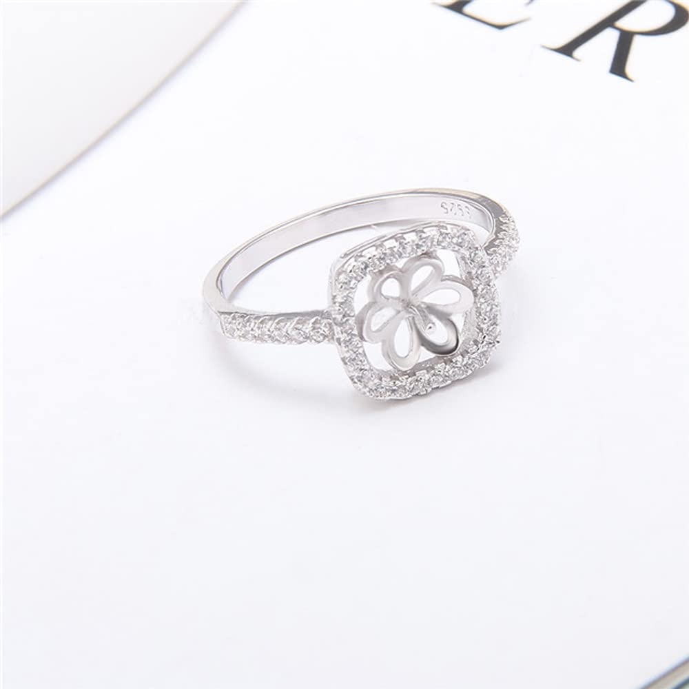 LGSY Sterling Silver CZ Square Rings Mounting for Women, Design Ring Fitting Accessory for DIY Pearl Jewelry Making
