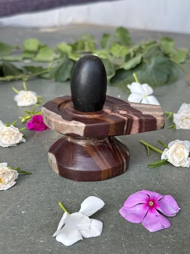 Image of Shivam VASTU AKAL 1.5 inch Original Narmadeshwar Narmada Shivling with 3 inch Narmada Stone Yoni Base Jaladhari (Black Shivling, Multicolor Damru Jaladhari)