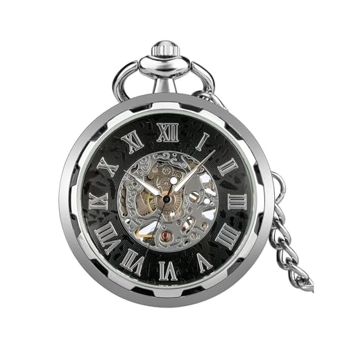 オープンフェイス 中空シルバー 機械式手巻き懐中時計 ローマ数字 ブラック文字盤 チェーンペンダント時計 アンティークスタイル ギフト(SL5178 No Box)