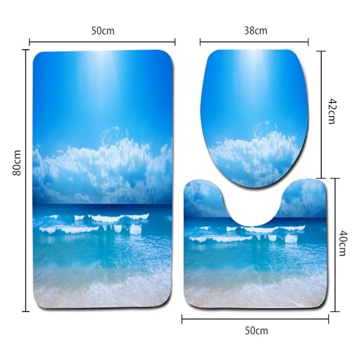 Badezimmerteppich Set 3 Teilig Ozeanhimmel Und Blau Badematten Set Mikrofaser Badteppiche und WC Vorleger mit Ausschnitt Waschbar rutschfeste Badvorleger Toilette Teppich – Bild 3