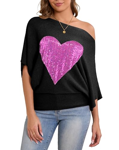 Image of PESION Womens Sequin Dolman Sweaters Short Sleeves Batwing Knitted Pullovers Tops Sweatershirts Blouses, Black+ Pink Heart