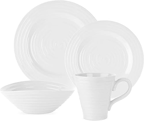 Portmeirion Sophie Conran - Juego de 4 piezas de color blanco  Plato llano, plato de ensalada, cuenco de cereales y taza, hecho de porcelana, apto