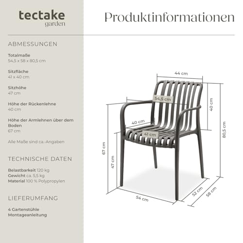 tectake® Gartenstühle stapelbar, Gartenmöbel Set, Balkon Möbel, Bistro Set, Sessel, Outdoor Möbel, Balkonmöbel, Terrassenmöbel - anthrazit… – Ansicht 6