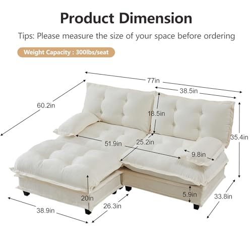 Image of 77 inch L-Shaped Sectional Couches for Living Room, Beige 2 Seater Modern Chenille Deep Seat Sofa Set, Salas para Casa, High Back Love Seat Couches, Cloud Modular Sectional Sets with Ottoman