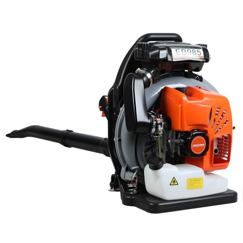 Soplador de hojas de espalda gasolina 65 CC, motor de 2 tiempos potente, con flujo de aire 700 CFM y velocidad de viento 200 MPH, para uso en jardines, pasillos de césped, limpieza de naranja