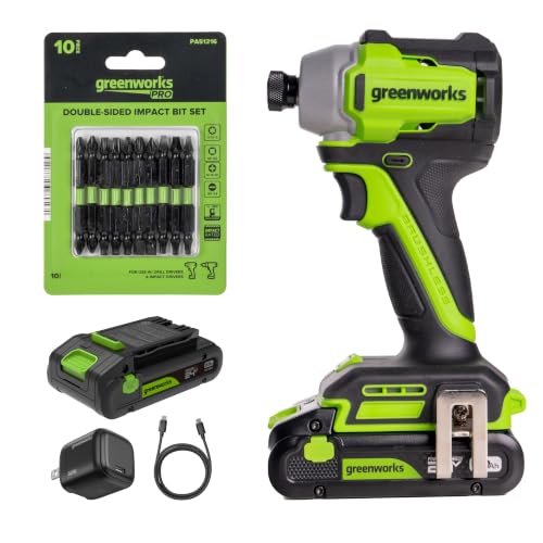 Image of Greenworks 24V Brushless Cordless Impact Driver (1900 in-lbs.), 1 /4 inch Hex Collet, 2.0Ah(12,000mAh Power Bank) USB-C Battery, 30W USB-C Charger & 3FT Braided Cable, 10PC Double-Sided Impact Bit Set