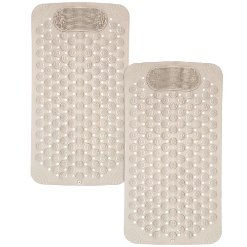 Image of Storite 2 Pack Rectangular Anti Skid Bath Mat with Foot Scrubber for Bath Room Shower Mat with Suction Cups & Drain Holes Silicone Floor Mat for Kids & Adults (70 X 35cm, Beige)