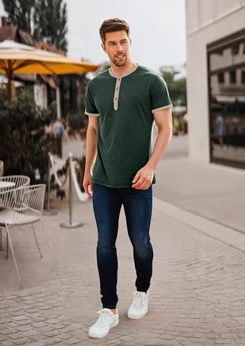 image for PEGENO Mens Short Slim Sleeve Casual Fashion Henley Shirt (Vg Green Be