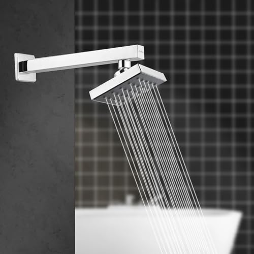 Image of Ruhe Gamma ABS Overhead Shower Complete Set | 6x6 Inches Square Showerhead with 15 Inches Stainless Steel Shower Arm and Wall Flange | Chrome Finish Rain Shower with Easy-to-Clean Silicone Nozzles