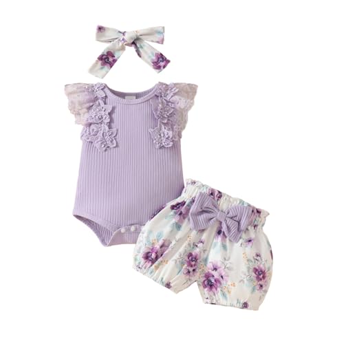 Image of Tiny Cutey Baby Girl Clothes Infant Summer Outfits Set Ruffle Sleeve Romper and Floral Shorts with Headband