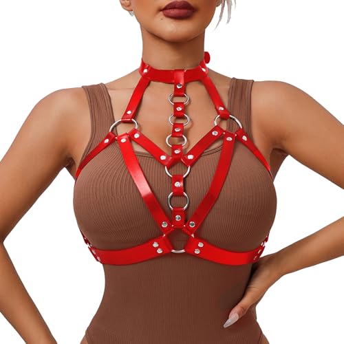 Image of Punk Black & Burgundy Red Leather Chest Harness, Adjustable Strap Body Belt, Goth Lingerie, Club Caged Bra, Rave Accessories