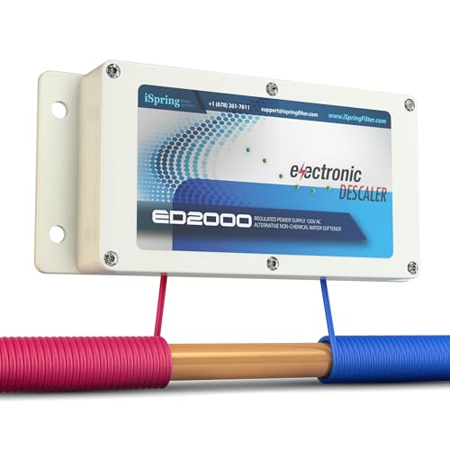 iSpring ED2000 Whole House Water Descaler, Alternative Electronic Salt-Free Hard Water Conditioner, Reduces Limescale Prevent Deposits Build-up, Different from a Water Softener